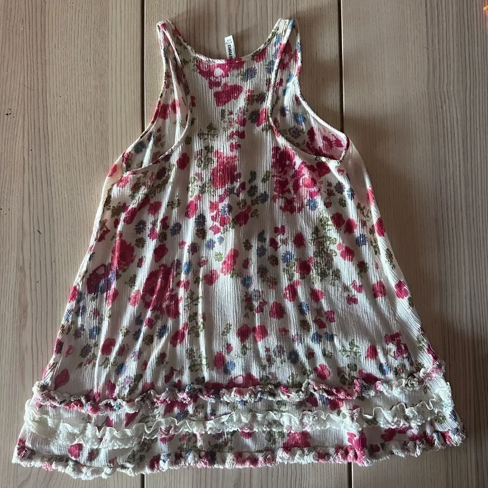 Free People Floral Ruffle Tiered racerback cream with red flowers- Size Small